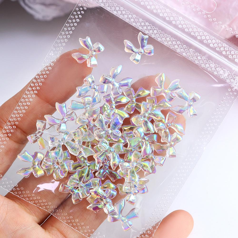30PCS/Pack Aurora Resin Bow Nail Accessories Ice Transparent Stereoscopic Resin Nail Colorful Diamond Decoration