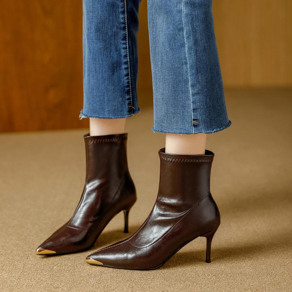 Metallic Pointed Toe Stiletto Ankle Boots - European & American Style 2025, Autumn Nude Slimming Fashion
