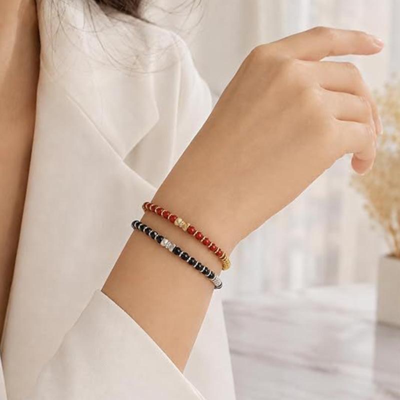 Natural Stone Stretch Bracelet Set, 2 Round Bead Bracelets with Mixed-Tone Spacers for Stacked or Separate Wear