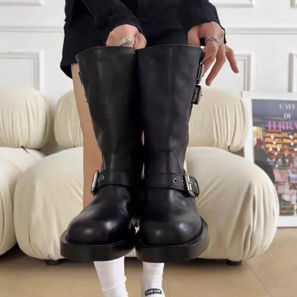 Martin Boots Women's Spring and Autumn Belt Buckle Round Head Knight Boots Retro Metal Short Boots Western Cowboy Platform Leather Boots