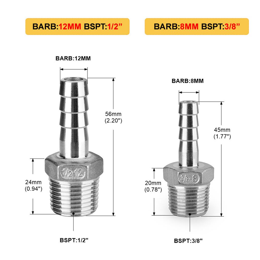 8mm 12mm Schlauchtülle 3/8" 1/2" BSP Außengewinde Edelstahl Rohrverschraubung Kupplung Verbinder Beschläge