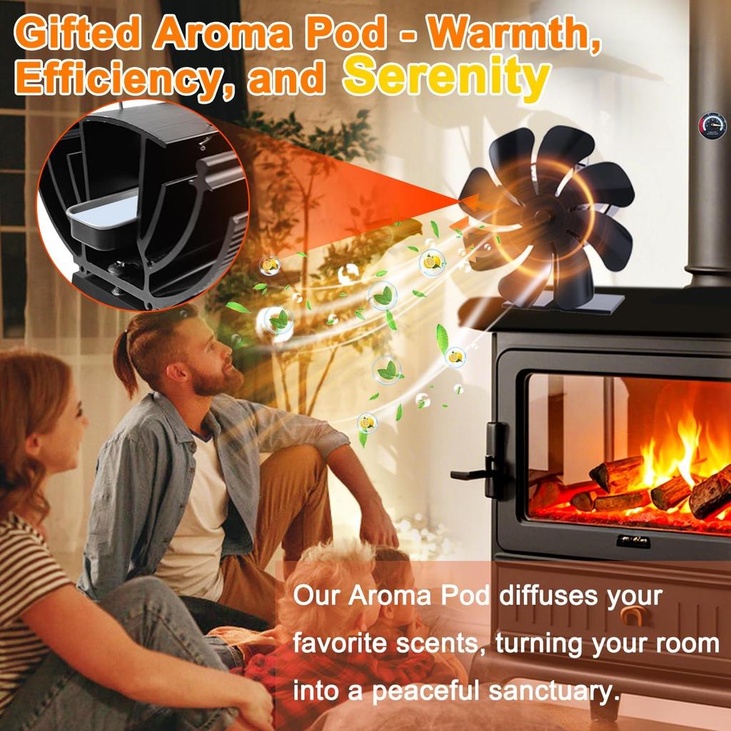 Tomersun Wood Stove Fan Heat Powered 8-Blade Stove Fan, Fireplace Fan for Wood Burning Stove/Pellet/Log Burner, w/Stove Accessories Thermometer &