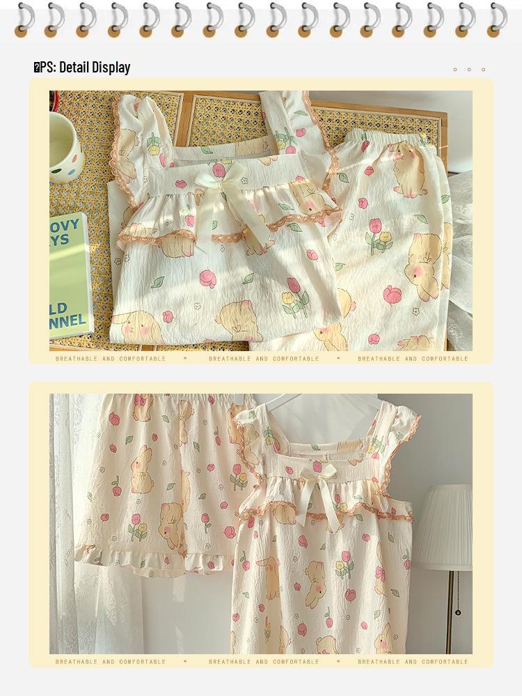 Women's Cloud Cotton Camisole Pajamas with Built-in Bra - Summer Sweet Style, Two-Piece Shorts Set, Wear Indoors or Out.