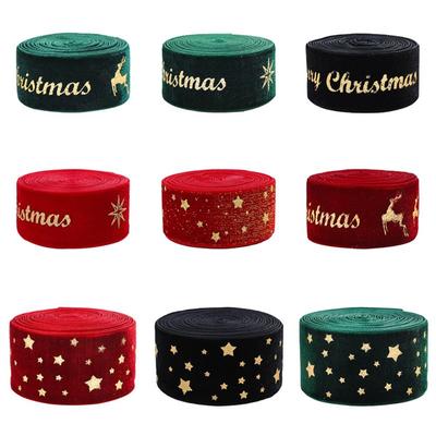 2.5CM Width Wired Velvet Ribbon High-Quality Elk/Star Gold Foil Print Ribbon Decorative Mulyi-purpose Christmas Packaging Ribbon