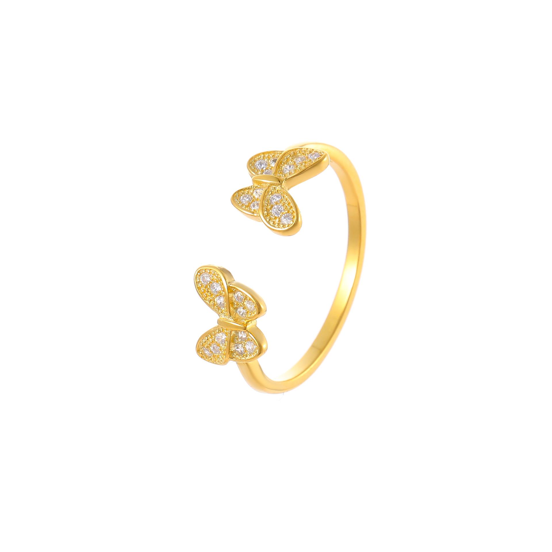 

18K Gold-Plated S925 Sterling Silver Butterfly & Flower Zircon Ring for Women Adjustable Open