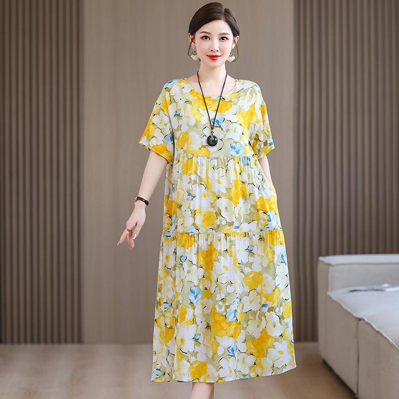 Plus Size Floral Dresses for Women  Oversize Loose Short Sleeve Summer Long Dress Middle-aged Women Summer Sundresses