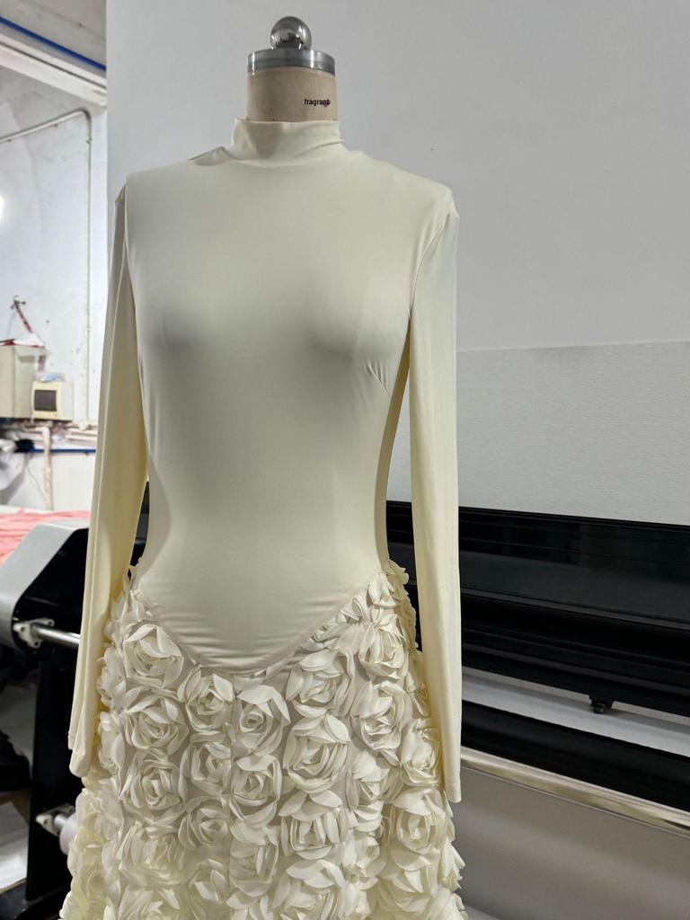 Elegant Long Sleeve 3D Floral Rose Party Dress