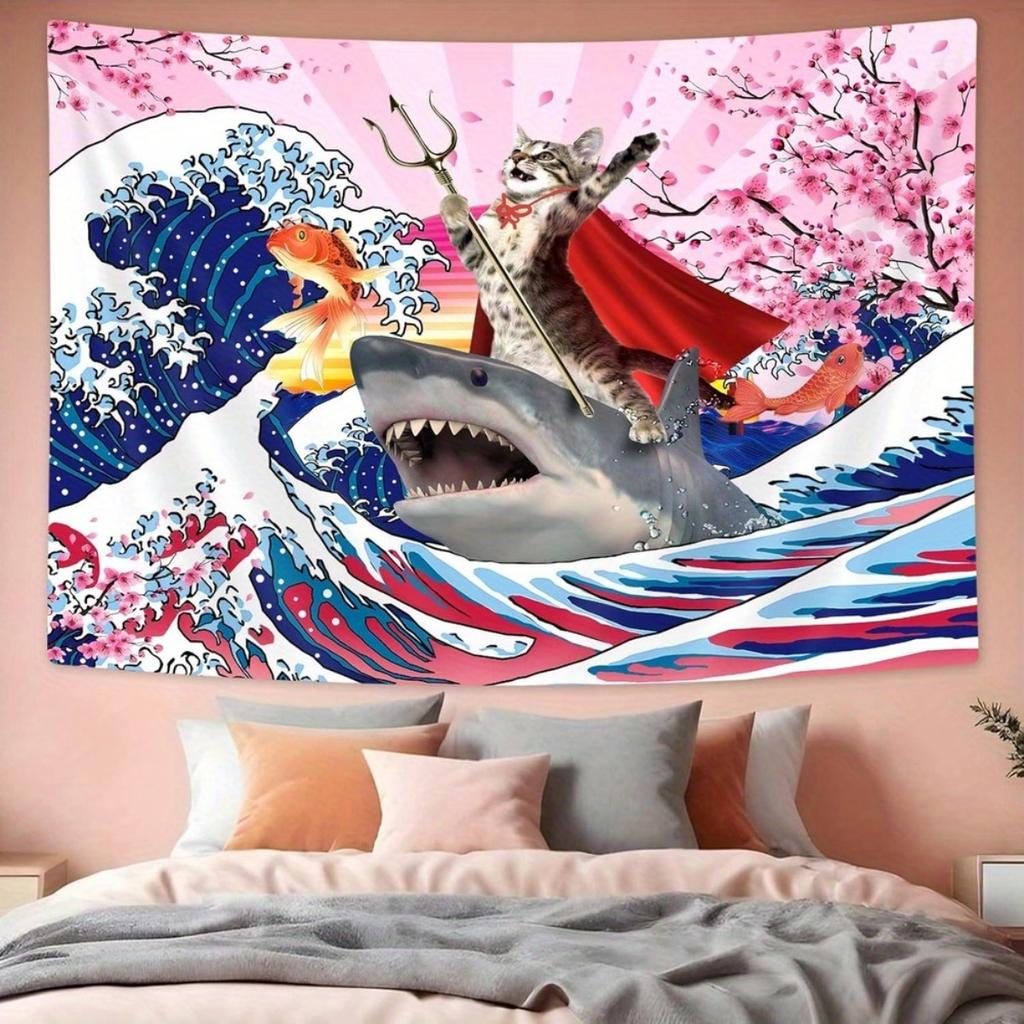 SAOLUIS Funny Cat Riding Shark Tapestry Japanese Neko Ocean Wave Wall Hanging Cute Kitten Shark for Bedroom Living Room Dorm Chr