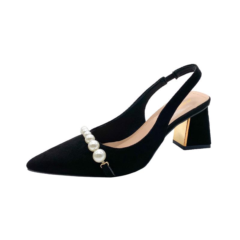 Fashion Women's Fashion Baotou Sandals Summer New Pointed Head Shallow Mouth Bead Suede Anti-slip Wear-resistant Thick Heels