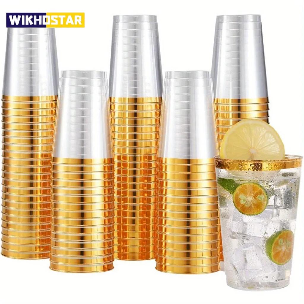 50/100 ks 10oz čiré plastové kelímky se zlatým okrajem, elegantní jednorázové plastové sklenice na víno pro svatby a večírky