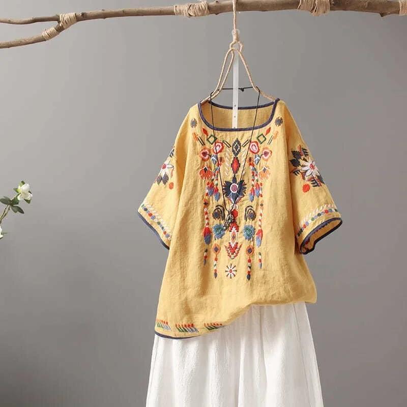 Haftowane kwiatowe koszulki damskie w stylu chińskim klasyczne luźne koszule Casual Vintage O Neck letnia bluzka z krótkim rękawem