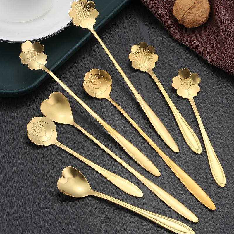 8-teiliges Blumen-Teelöffel-Set Kleiner Kaffeelöffel Niedlicher Eiscreme-Dessertlöffel Silber Gold Edelstahl Löffel für Kaffee Tee4