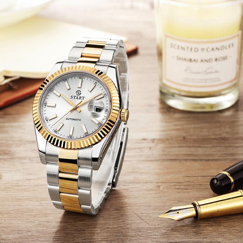 Start Mechanische Herrenuhr mit Kalenderfunktion, wasserdichte Uhr, leuchtendes Skala-Zifferblatt, goldene Uhr