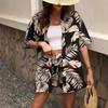 2025 Elegant Two-Piece Vacation Print Set: Short Sleeve Tie-Waist Shirt & High-Waist Shorts