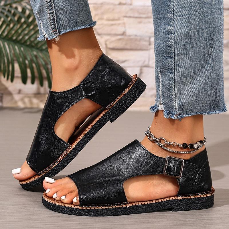 

New Flat Beach Shoes, Open-toe Buttoned Large-sized Sandals for Women 36 чёрный