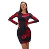 Women Floral Print Mesh Dress Round Neck Long Sleeve Slim Maxi Dress Spring