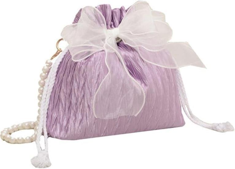 

BERVEAL Shoulder Bag, Drawstring Bag, Yukata Bag, Pochette, Women s Bag, Faux Pearl Ribbon, Wrinkled Finish, Pearl Ribbon Pouch, Small, Shoulder or