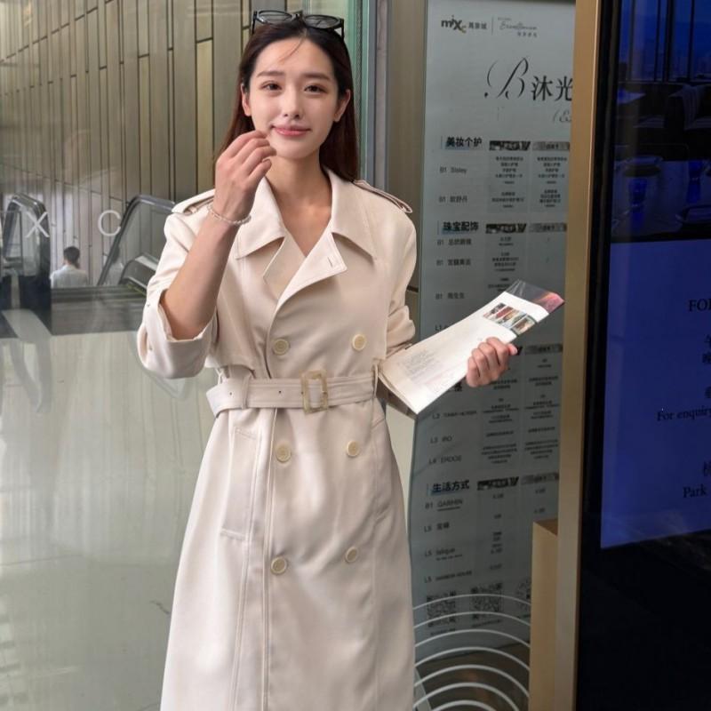 Womens Beige Trench Coat 2026 Fall Korean Chic Loose Fit Mid-Length Double-Breasted Outerwear Petite Students