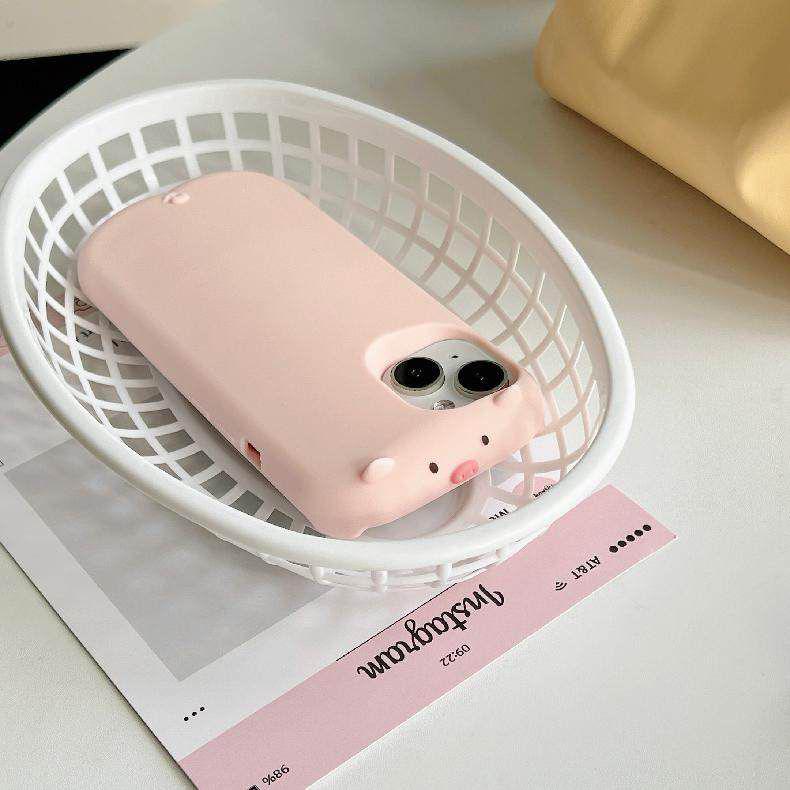 

Silicone Pink Piggy iPhone Case (Compatible with iPhone 14/15/16) - Anti-Fall Full Coverage, Lying Down Doll Design iPhone 13