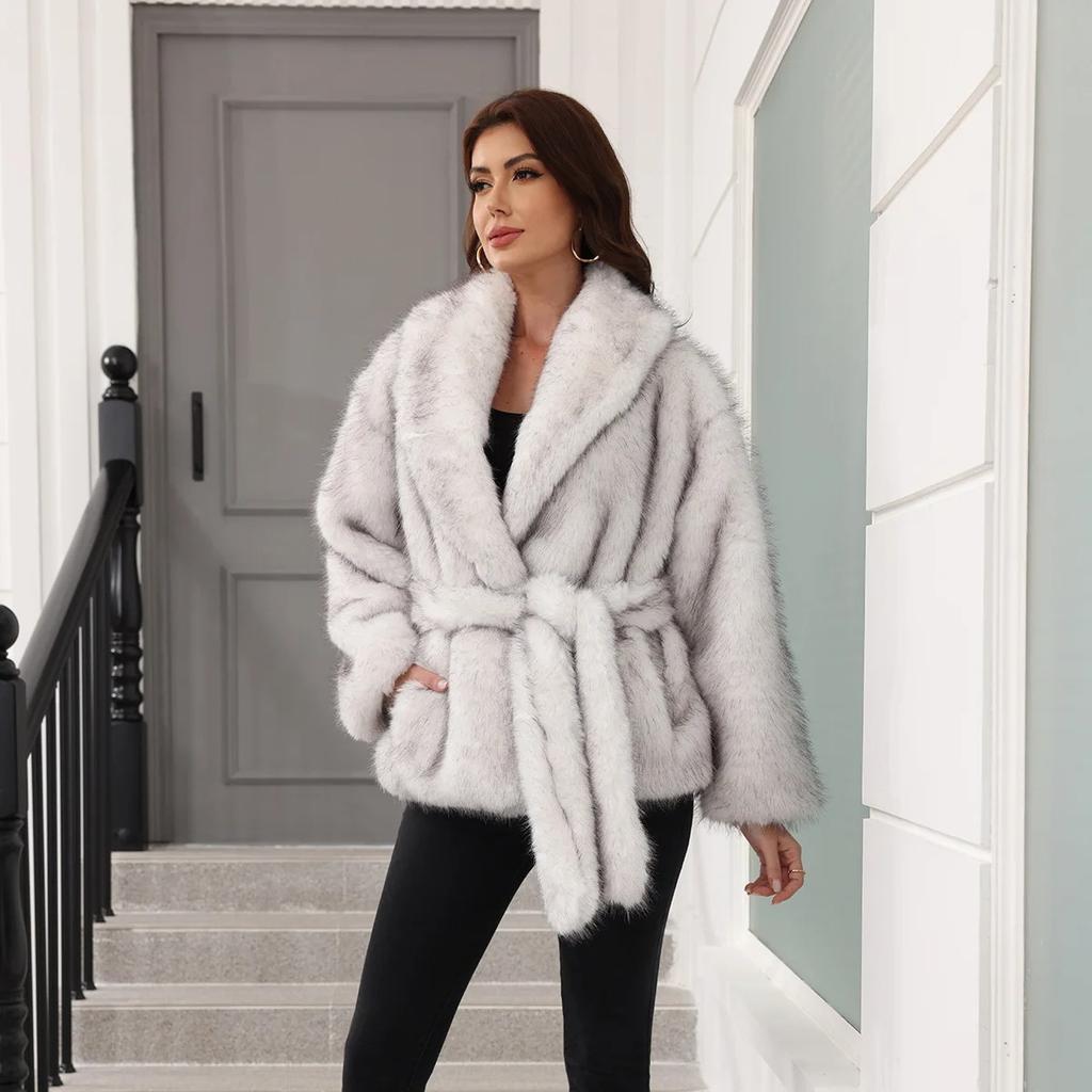 Long Faux Fur Coat Women Autumn Winter Large Jacket Overcoat Turn Down Collar Pockets Luxury Thick Coat Warm Jackets Maxi Coats
