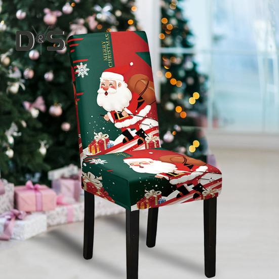 Christmas Chair Cover Dustproof Cartoon Santa Snowman Print Stretchable Fabric Anti-slip New Year Party Decoration Chair Protective Sleeves