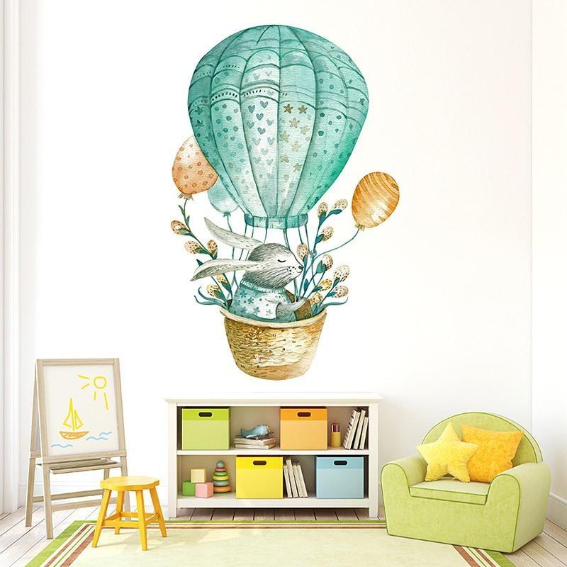 1pc Watercolor Green Rabbit Hot Air Balloon Wall Stickers for Room Bedroom Home Decor Wall Decals