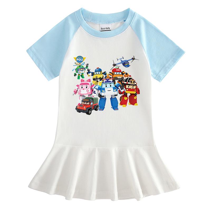 Summer Cartoon Raglan Color Block Short Sleeve Pleated Dress for Girls
