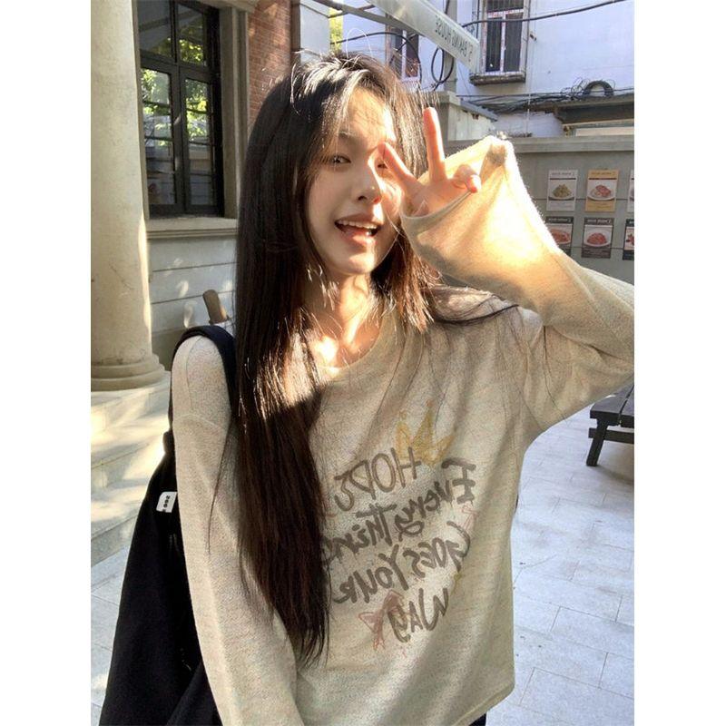 Idle Style Letters Print round Neck Long Sleeves T-shirt Blouse Women's Autumn Korean Style Inner Wear Loose Casual Sun Protection Top
