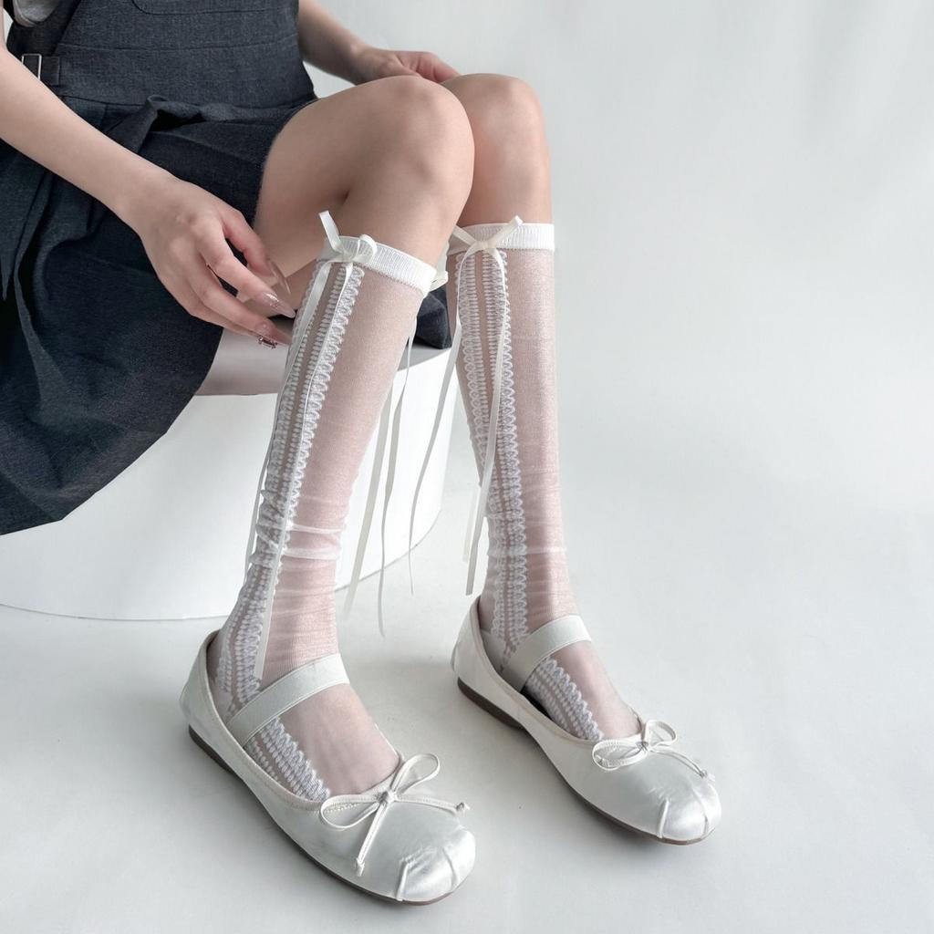 Sommer Ultra Dünne Streamer Schleife Spitze Wadenstrümpfe für Damen Cremeweiß JK Kristallseide Süße Socken