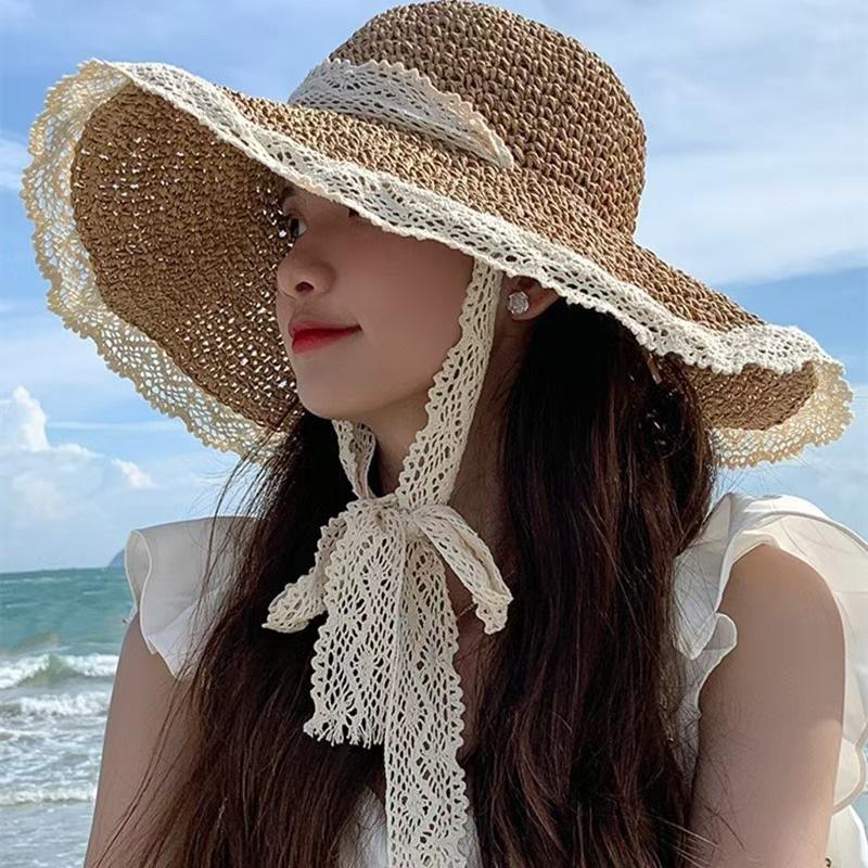 New Small Fresh Lace Straw Hat Sunshade, Summer Sunscreen Travel Big Brim Bucket Hat Hollow