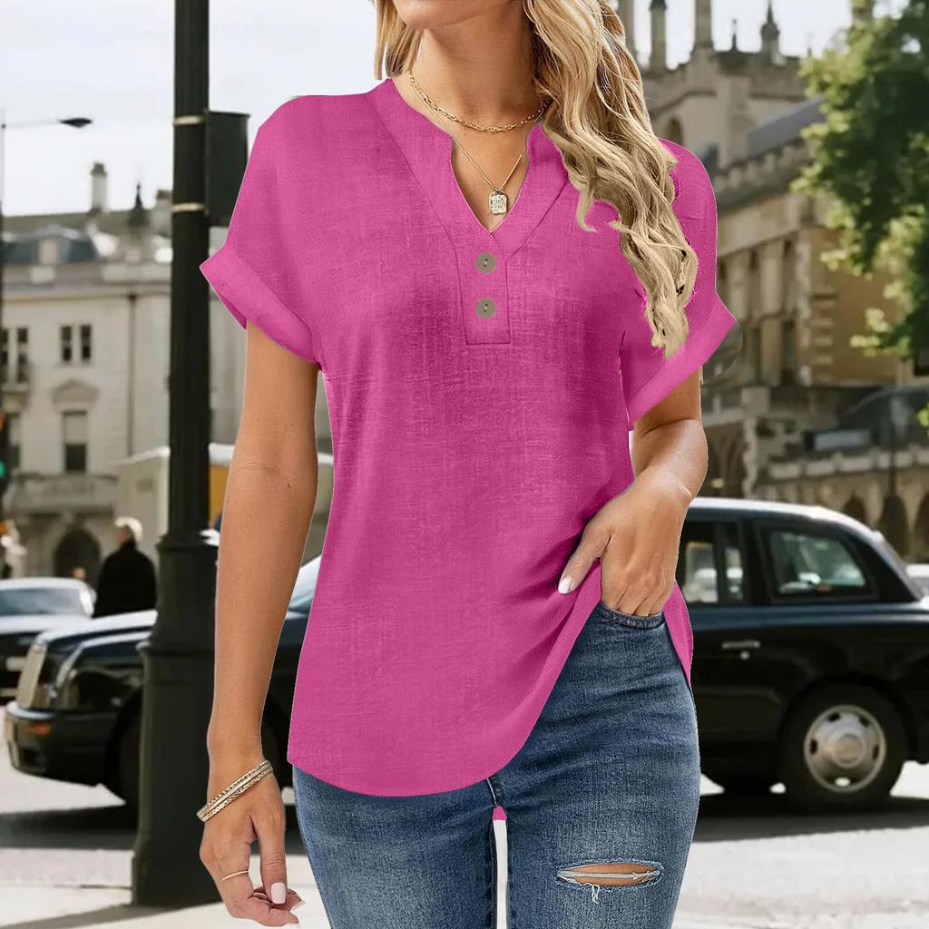Women's Fashion Casual Button-Front Split-Front Short-Sleeved Plain T-Shirt Top