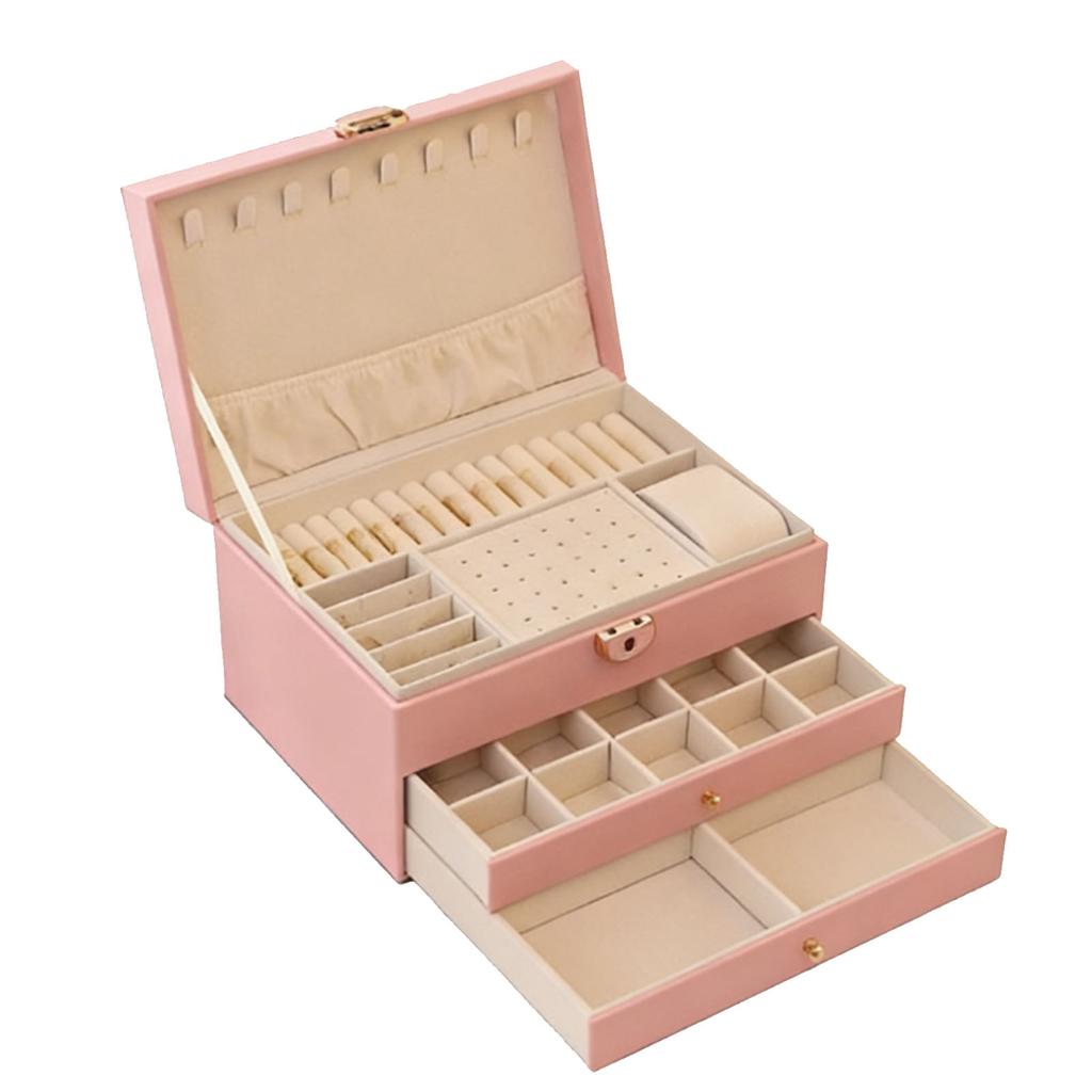 Jewelry Box Large Capacity 3 Layers Multifunctional Ring Necklace Earring Storage Box with Lock for Home