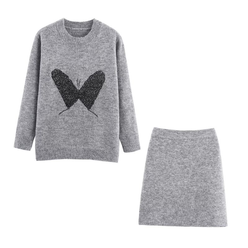 Kaslead New Women clothes Western Style Butterfly Bright Silk Jacquard round Neck Pullover Knit sweater Skirt Set