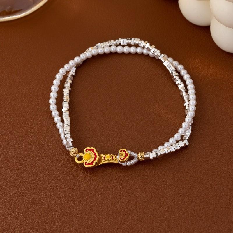 Double Layer Pearl Bracelet With Enamel Motif Vintage Chic Handmade Style Women Men Broken Silver Bead Pearl Bracelet