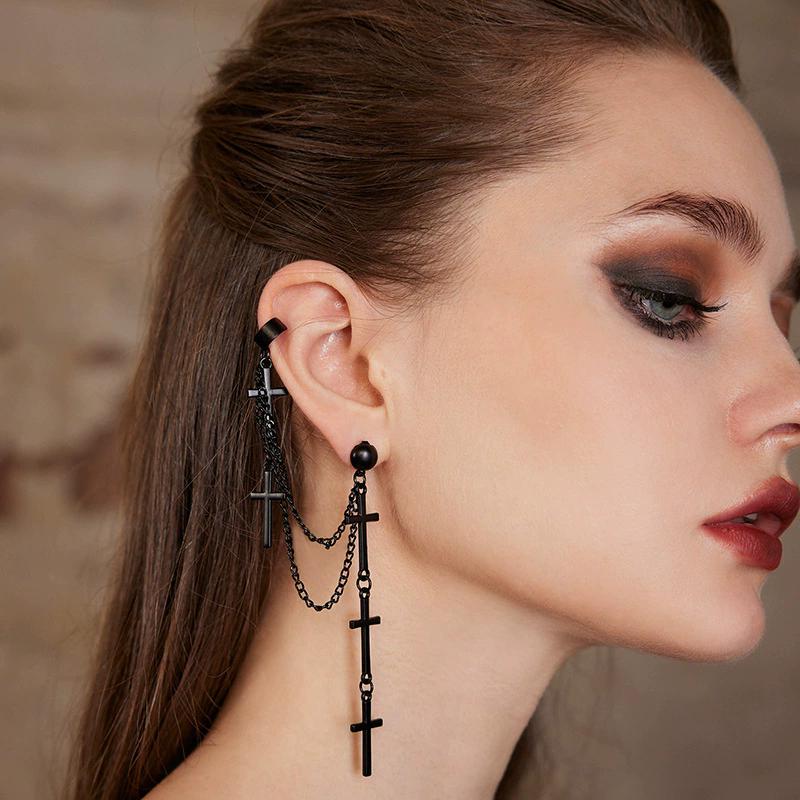 Punk Black Cross Long Tassel Earrings Gothic Double Layer Chain Cuff Earrings For Women Party Jewelry