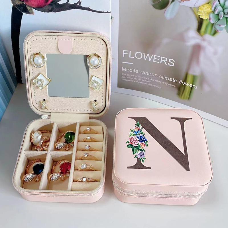 PU Leather Jewelry Box Mirror Storage Box 26 Letter Printed Portable Jewelry Organizer Earring Ring Necklace Case