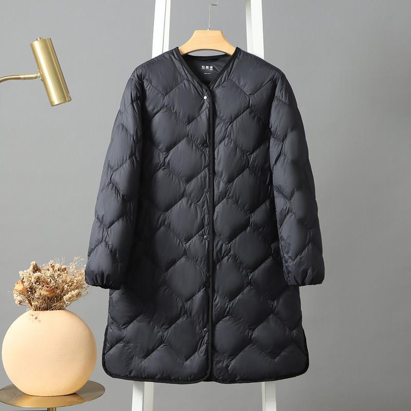 

Зимняя новая легкая куртка-пуховик для женщин 2024 года, средняя и длинная, с V-образным вырезом, ромб 90, белый утиный пух, легкая тонкая куртка XL