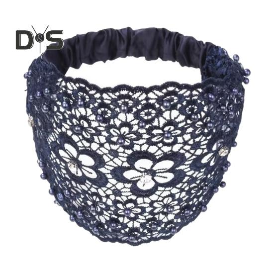 

Женская повязка на голову с цветочным узором, блестящие стразы, искусственный жемчуг, резинка для волос, высокая эластичная широкая резинка для волос синий