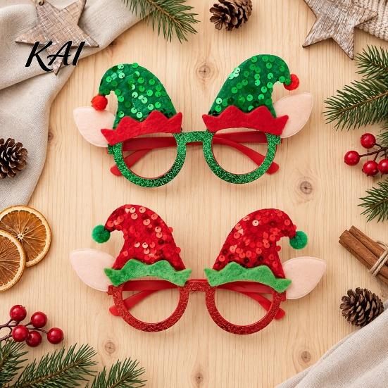 Decorative Elf Hat Eyewear Christmas Glasses with Sequin & Ears, Funny Party Reusable Photo Booth Prop for Kids Adults, Festive Holiday Costume