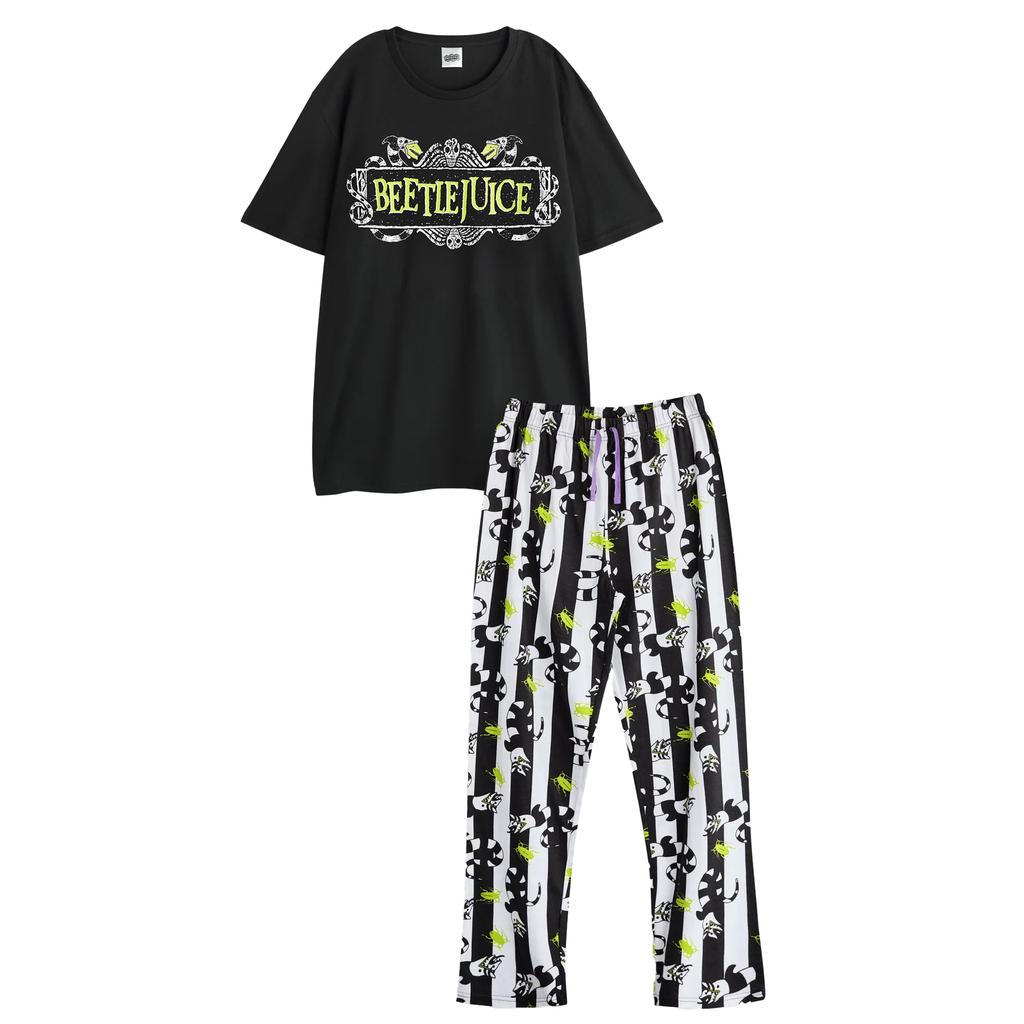 Beetlejuice Mens Logo Short-Sleeved Long Pajama Set