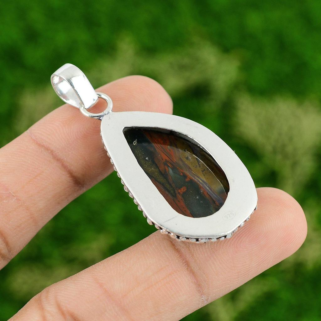 Daughters Day Sale Red Snakeskin Jasper Stone Art Deco Mother Pendant 925 Silver