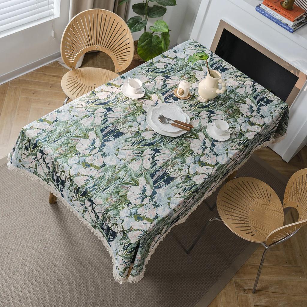 American Jacquard Table Cloth Flower Pattern Thickened Tabletop Cover White Tassel Edge Wear-resistant Dustproof Tablecloth