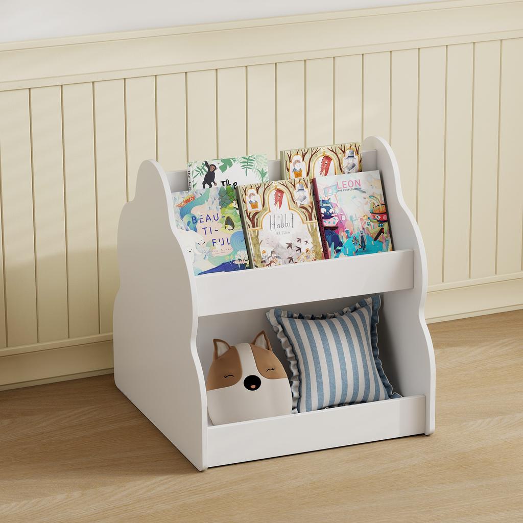 Children's Bookshelf, 2-tier Children's Bookcase with Wheels, 4 Shelves, for Children's Room, Playroom, 54x50x56 Cm, White