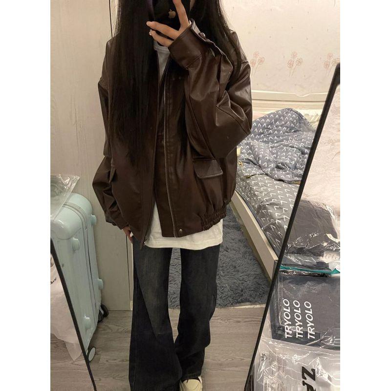 

Maillard Wear Коричневое пальто из искусственной кожи для женщин Осень и Зима Большой размер Ретро дизайн Мотоциклетная Повседневная куртка Верхняя одежда Мода Curry color S [Suggested 40.00 kg-47.50 kg]]