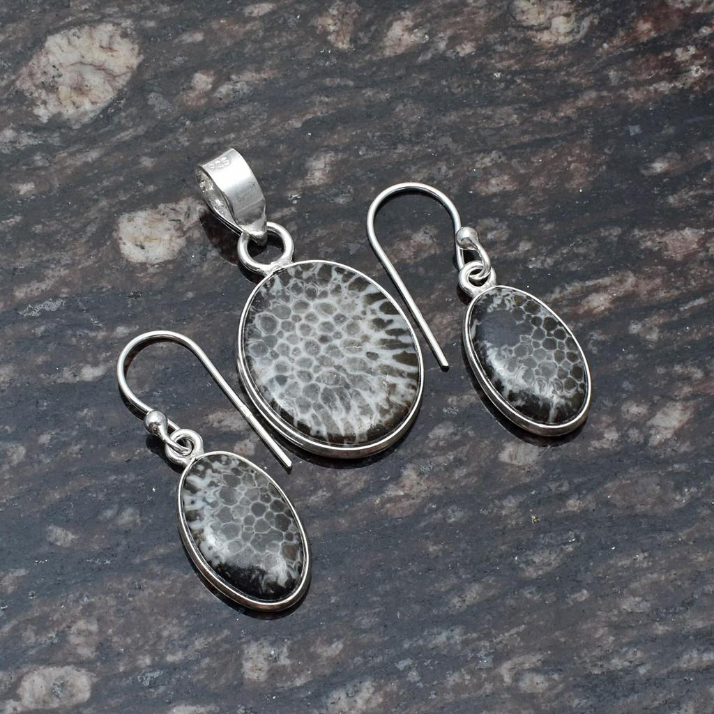 Natürliche Rochenkoralle 925 Sterling Silber Anhänger Tropfen Baumeln Ohrringe Schmucksets für Frauen und Mädchen