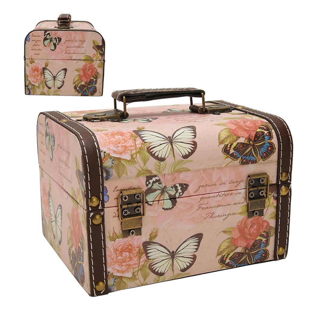 Truhla na poklady Růžový motýlí vzor Vynikající retro dřevěná úložná krabice z PU kůže pro dívku ženu