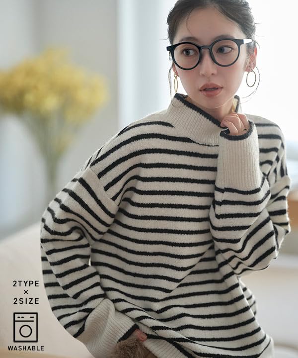 Kobe Lettuce Washable Knit Loose Long Solid Size Ivory Women's Sweater, Fit, Flattering, Sleeves, Color, Autumn/Winter [C6301] L,