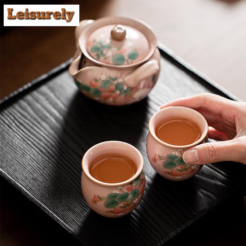Strawberry Rabbit Ru Kiln Porcelain Tea Set Kit Handmade 1 Pot 2 Cups Tea Making Portable Travel Tea Set Organizer Tableware