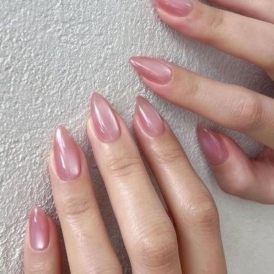 Simple Pink Sparkle Cat Eye Press-On Short Pointed Nails