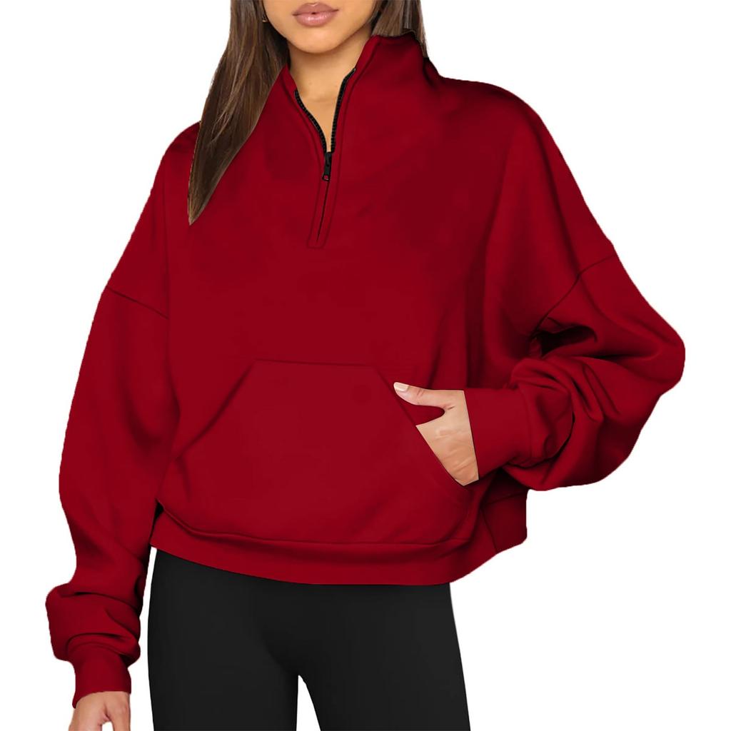 Women's Casual Fashion Long Sleeve Solid Color Zip Pocket Sweatshirt Top